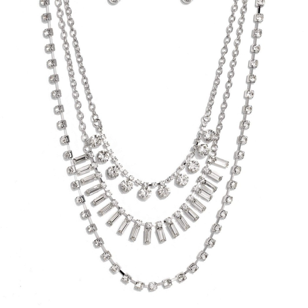 Paparazzi Silver Layered Necklace with Rhinestones Dripping in Stardust White